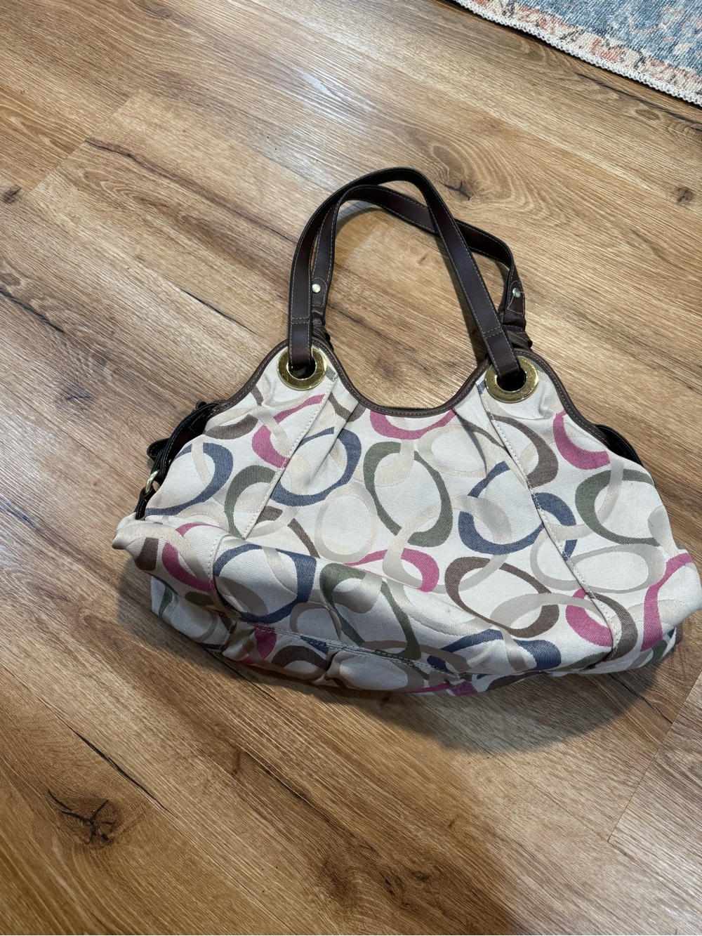 Canvas Tote Bag with Multicolor Pattern and Brown Handles